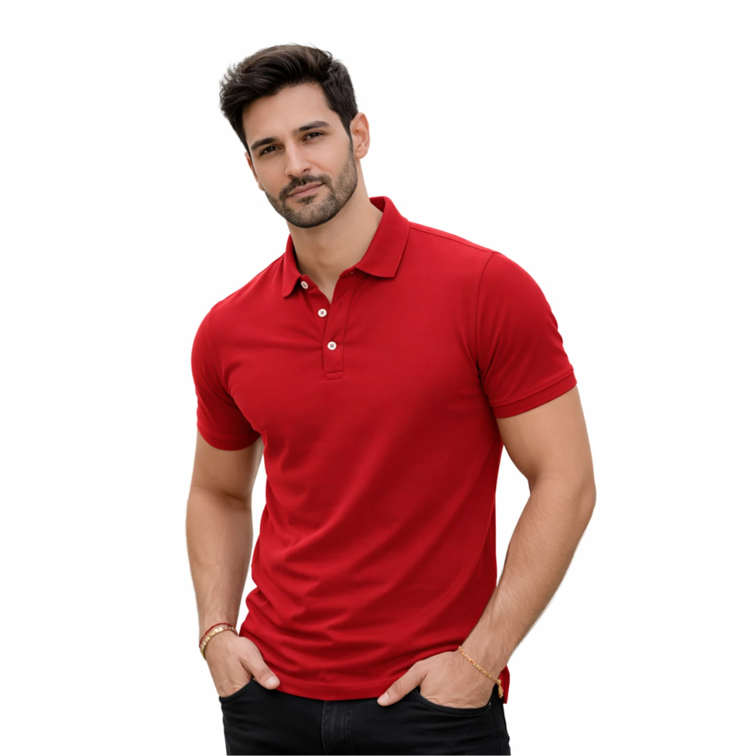 true habit Men Solid Polo Neck Cotton Blend Red T-Shirt
